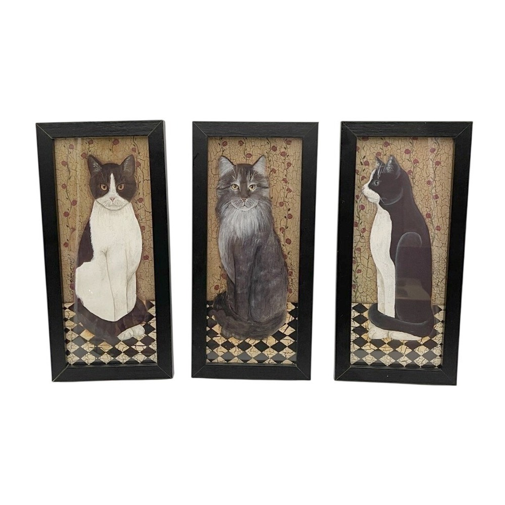 VTG Cindy Sampson Folk Art Cat Framed Art Set Of 3 Cottagecore Decor Whimsigoth